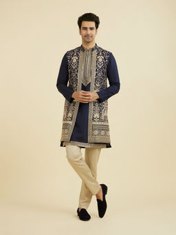 Manyavar - Blue Embroidered Art Silk Kurta with Jacket and Pyjama