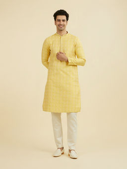 Manyavar - Yellow Printed Cotton Kurta and Pyjama