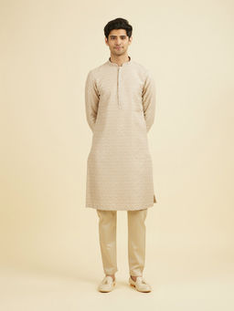 Manyavar - Beige Printed Cotton Kurta and Pyjama
