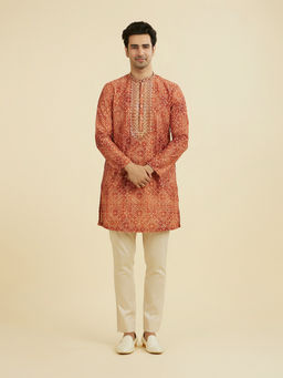 Manyavar - Orange Printed Cotton Kurta and Pant