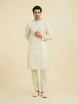 Manyavar - Cream Embroidered Cotton Kurta and Pyjama