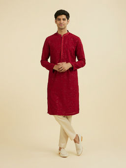 Manyavar - Red Embroidered Cotton Kurta and Pyjama