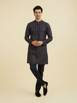 Manyavar - Navy Blue Printed Viscose Blend Kurta and Pant