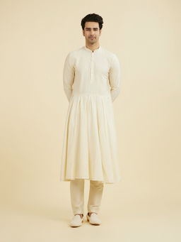Manyavar - Cream Solid Velvet Kurta and Pyjama