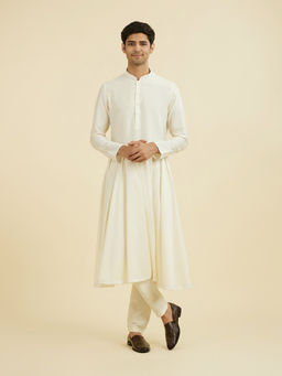 Manyavar - Cream Solid Brocade Kurta and Pyjama