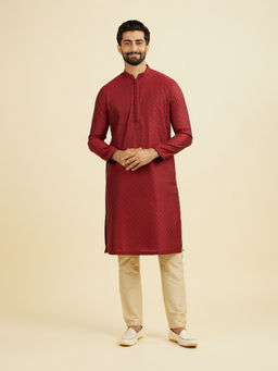 Manyavar - Maroon Self Design Viscose Blend Kurta and Pyjama