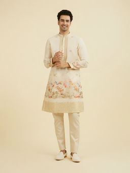 Manyavar - Beige Printed Satin Kurta and Pyjama
