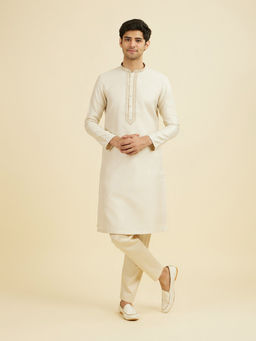 Manyavar - Beige Self Design Art Silk Kurta and Pyjama