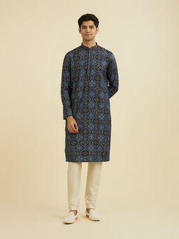 Manyavar - Blue Printed Tissue Kurta and Pyjama
