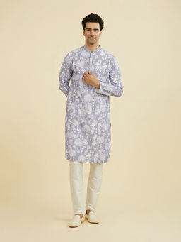 Manyavar - Purple Printed Art Silk Kurta and Pyjama