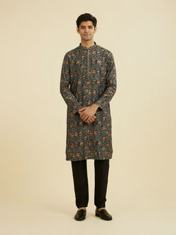 Manyavar - Black Printed Viscose Blend Kurta and Pyjama