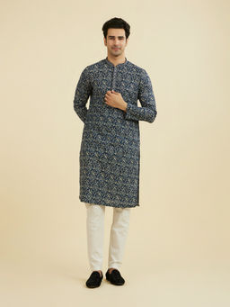 Manyavar - Blue Printed Tissue Kurta and Pyjama