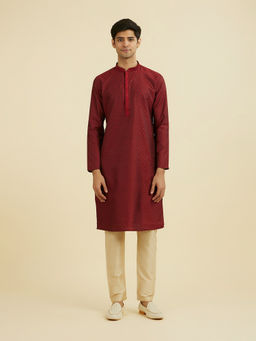 Manyavar - Maroon Self Design Art Silk Kurta and Pyjama
