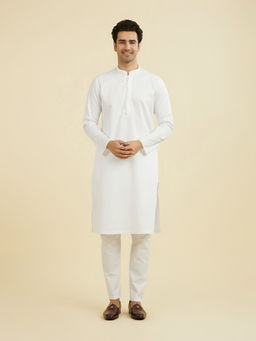 Manyavar - White Self Design Satin Kurta and Pyjama
