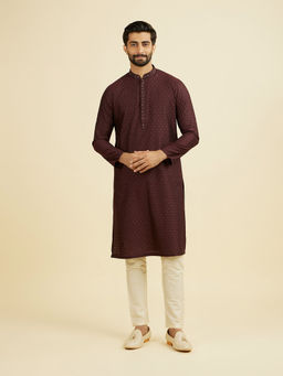 Manyavar - Wine Embroidered Cotton Blend Kurta and Pyjama