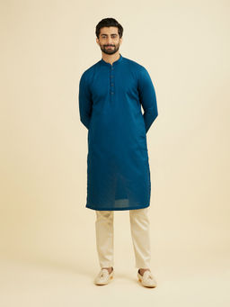 Manyavar - Blue Self Design Cotton Blend Kurta and Pyjama