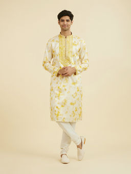 Manyavar - Yellow Tie & Dye Art Silk Kurta and Pyjama