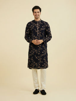 Manyavar - Navy Blue Embroidered Viscose Blend Kurta and Pyjama