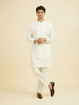 Manyavar - Cream Solid Cotton Blend Kurta and Pant