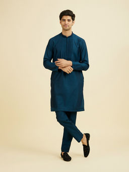 Manyavar - Blue Solid Velvet Kurta and Pant