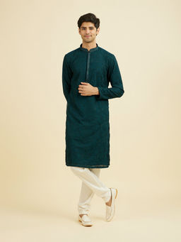Manyavar - Green Embroidered Velvet Kurta and Pyjama