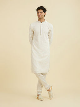 Manyavar - Cream Embroidered Velvet Kurta and Pyjama