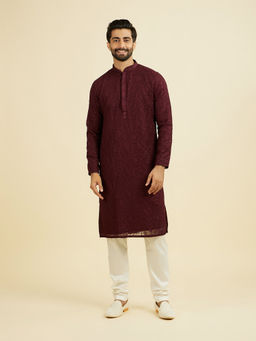 Manyavar - Wine Embroidered Brocade Kurta and Pyjama
