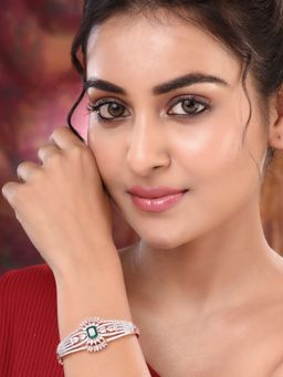 Saraf RS Jewellery - Rose Gold Toned Green Ad Encrusted Statement Kada Bracelet