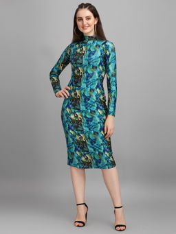 PURVAJA - Turquoise Blue Printed Bodycon Knee Length Dress