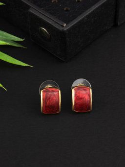 E2O - Self Design Gold Plated Red Beads Embellished Stud Earring
