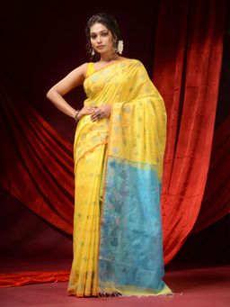 CHARUKRITI - Lemon Yellow Cotton Handspun Woven Buttas & Foliage Borders Saree with Unstitched Blouse