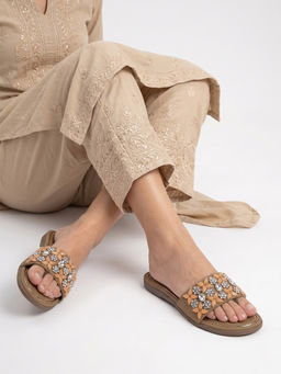 Dollphin - Women Taupe Embellished Comfort Slip-On Flats Hn-05