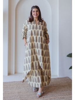 The Indian Ethnic Co. - Priya Beige Ajrakh Cotton Asymmetrical Kurta
