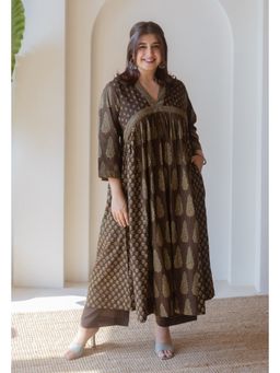 The Indian Ethnic Co. - Maheen Brown Ajrakh Cotton A Line Kurta