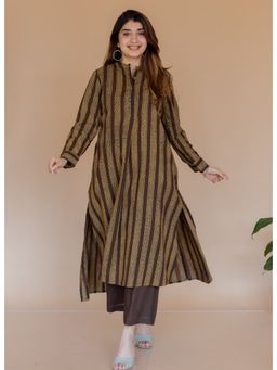 The Indian Ethnic Co. - Meena Brown Ajrakh Cotton A Line Kurta
