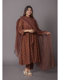 The Indian Ethnic Co. - Trupti Brown Bandhani Cotton A Line Kurta
