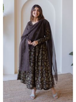 The Indian Ethnic Co. - Roshi Brown Ajrakh Cotton A Line Kurta