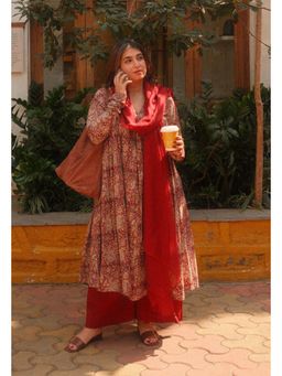 The Indian Ethnic Co. - Farha Maroon Kalamkari Cotton A Line Kurta