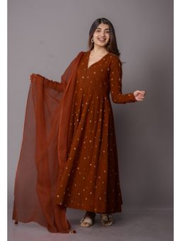 The Indian Ethnic Co. - Amaya Brown Bandhani Cotton Kali Kurta With Embroidery
