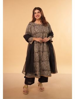 The Indian Ethnic Co. - Nazia Charcoal Kalamkari Cotton A Line Kurta