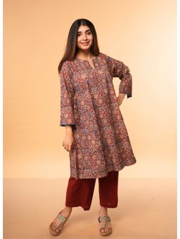 The Indian Ethnic Co. - Nargis Maroon Kalamkari Cotton Jhabbha Kali Kurta