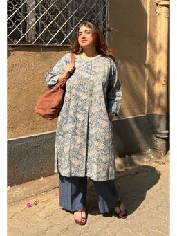 The Indian Ethnic Co. - Daniya Blue Kalamkari Cotton Straight Kurta