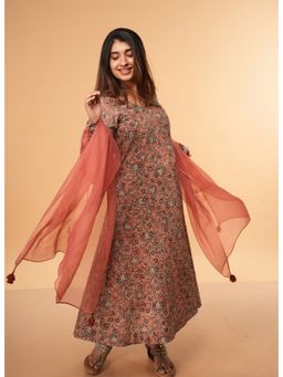 The Indian Ethnic Co. - Huma Peach Kalamkari Cotton Kali Kurta
