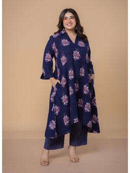 The Indian Ethnic Co. - Simran Blue Dabu Slub Cotton A Line Kurta