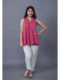 The Indian Ethnic Co. - Zivya Pink Bandhani Cotton A Line Short Top