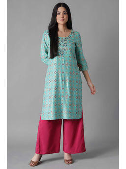 Aurelia - Green Embroidered Geometric Print Kurta Palazzo (Set of 2)