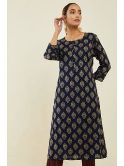 Soch - Navy Blue Rayon Straight Kurta With Damask Block Print