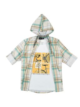 CAVIO - Boys Yellow Checks Full Sleeves Hooded Shirt with T-Shirt