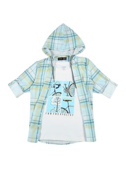 CAVIO - Boys Blue Checks Full Sleeves Hooded Shirt with T-Shirt