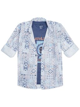 CAVIO - Boys Blue Geometric Printed Full Sleeves Shirt and T-Shirt